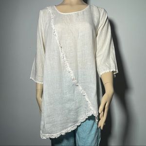 Match Point USA Tunic Top Long 100% Linen Blouse 3/4 Sleeve Beige Color